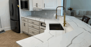 kitchen renovation quartz kitchen countertop installation, custom white cabinets