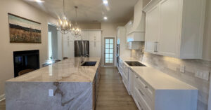 kitchen remodel marble countertops, waterfall bar and custom cabinets in indian trail nc nc