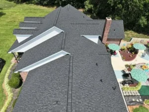 moire black certainteed roof with flintlastic rolled roofing system and commercial drip edge on porch