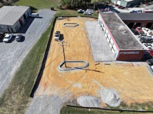 during top view of commercial parking lot