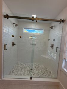 finished walk in shower in master bathroom