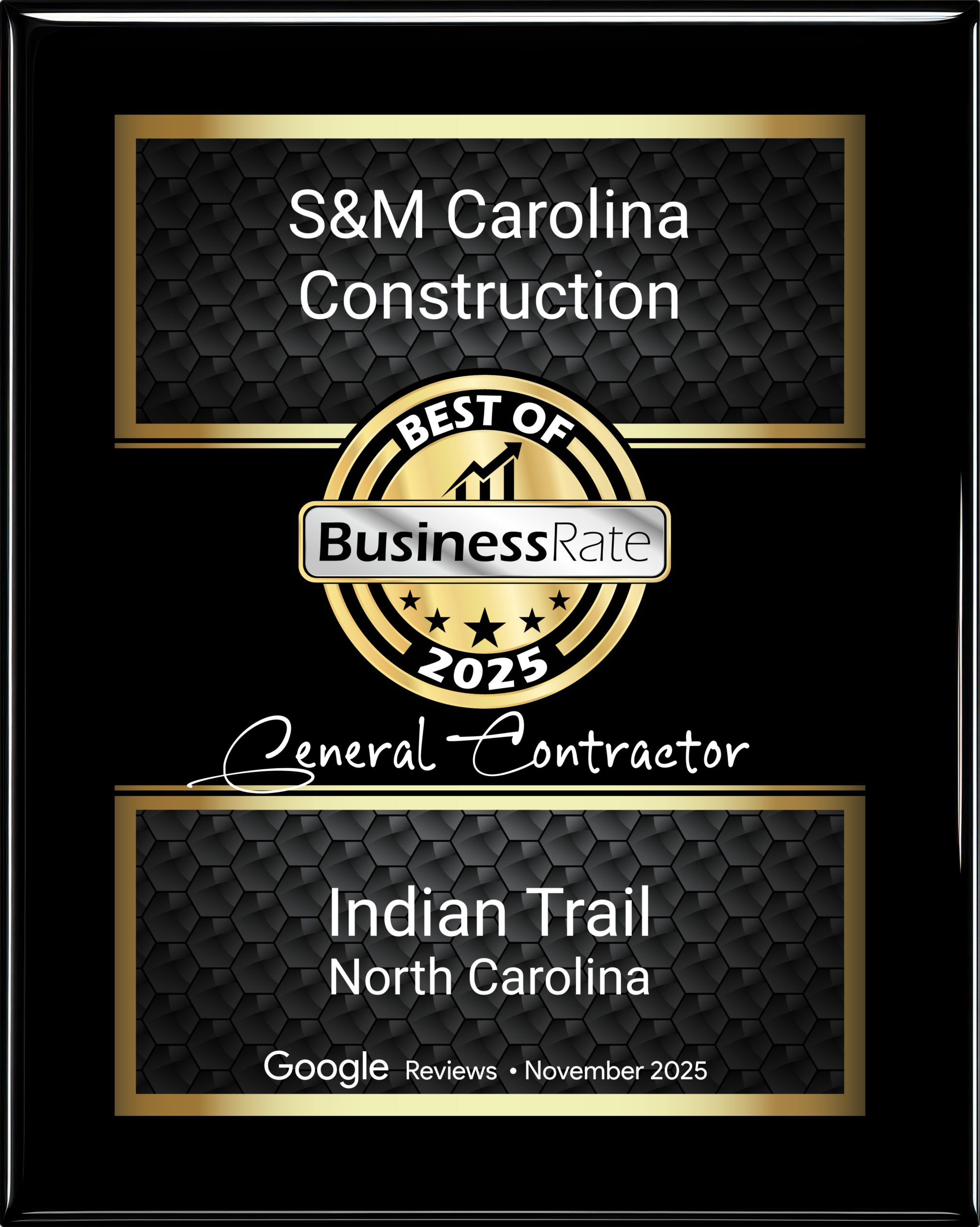 s-m-carolina-construction-plaque best general contractor award indian trail nc